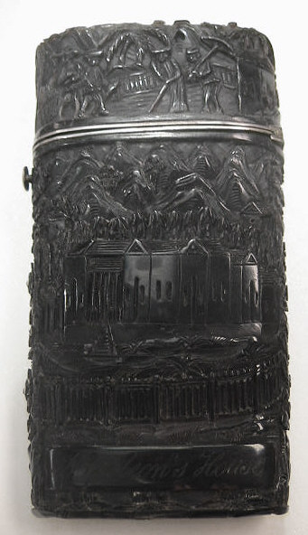 The lancet case on the L is a rare engraved version also from China.  This piece is engraved with a scene titled "Napoleans tomb" on one panel and "Napolean's  house" on the other.  This inscription dates the piece post 1821.  The lancets in the case are all marked Evans, Old Change.  This address was used by the Evans' firm from 1783 until 1854.