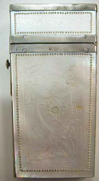 Ornately engraved Mother of Pearl lancet case from China.  Silver mounts and pins hold the panels in place.  No lancets are present in the case.  A beautiful set is present on Laurie Slaters site.